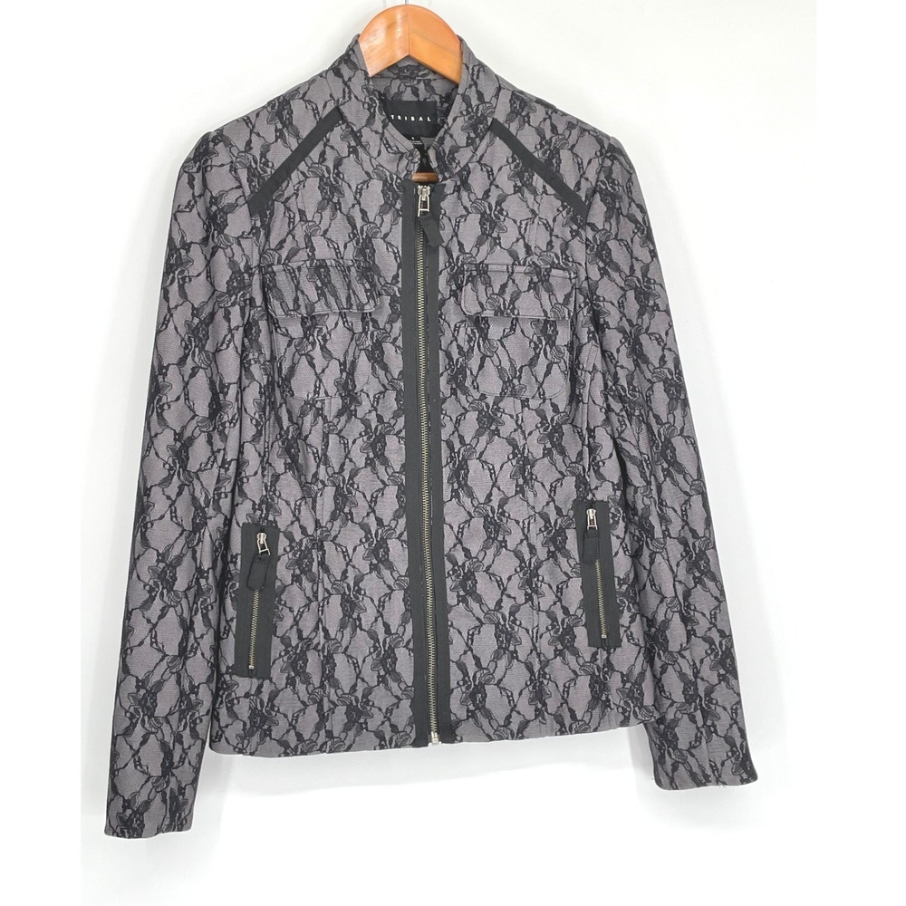 Tribal Womens 8 Jacket Grey Black Lace Full Zip Mock Neck Utility Biker
